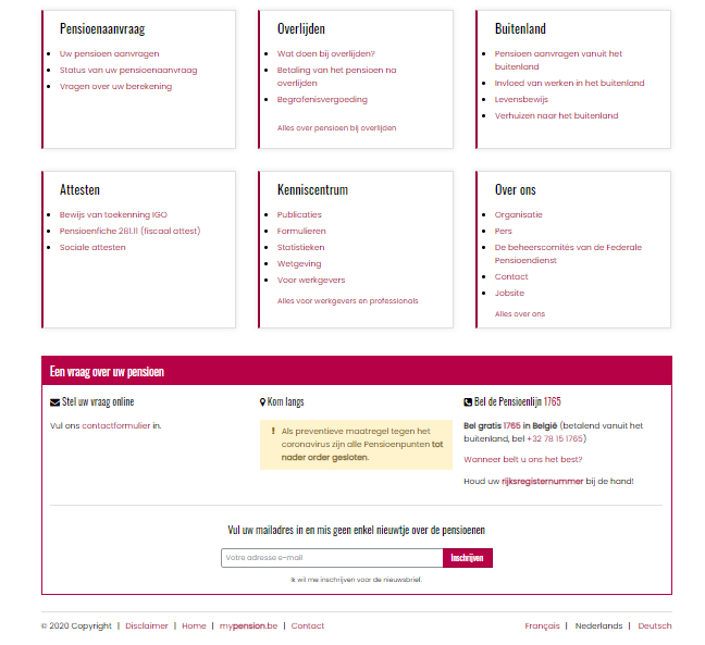 Homepagina website Federale Pensioendienst